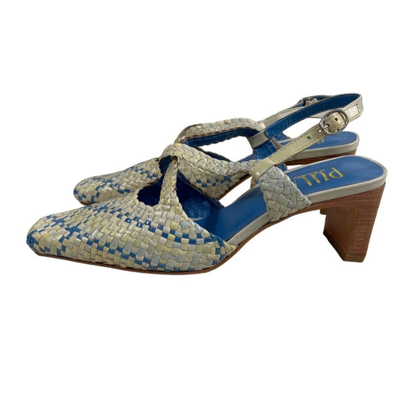 Pula Women’s Yellow Blue Squared Toe Heeled Sandals Sz 6B