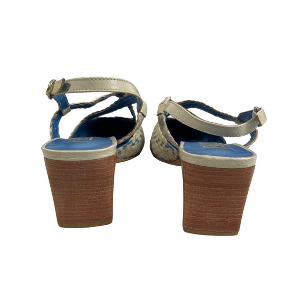 Pula Women’s Yellow Blue Squared Toe Heeled Sandals Sz 6B