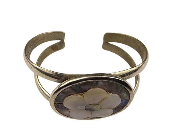 Vintage Abalone & Mother Of Pearl Adjustable Cuff Bracelet Mexico Silver Tone.