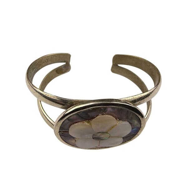 Vintage Abalone & Mother Of Pearl Adjustable Cuff Bracelet Mexico Silver Tone.