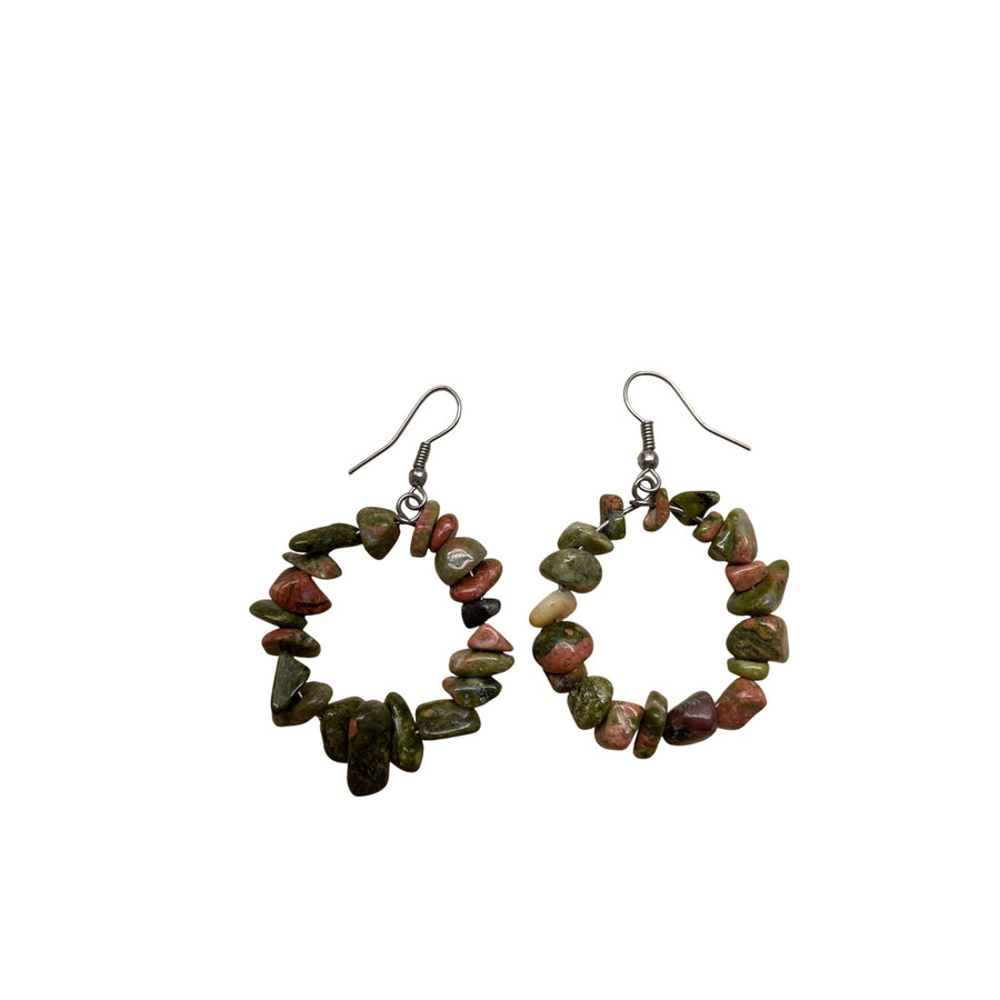 Natural Green & Pink Stone Chip Hoop Earrings With Silver Hooks