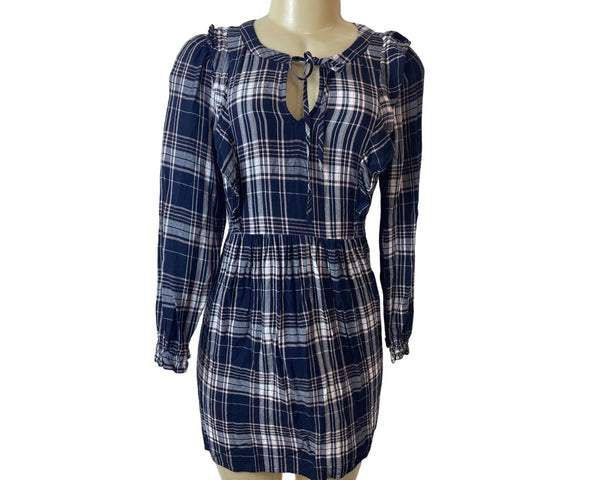 Loft Petite Navy Plaid Long Sleeve Dress Rayon Womens Sz MP