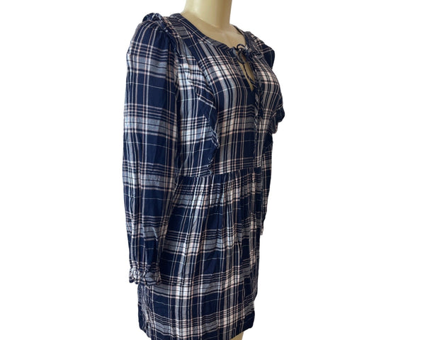 Loft Petite Navy Plaid Long Sleeve Dress Rayon Womens Sz MP