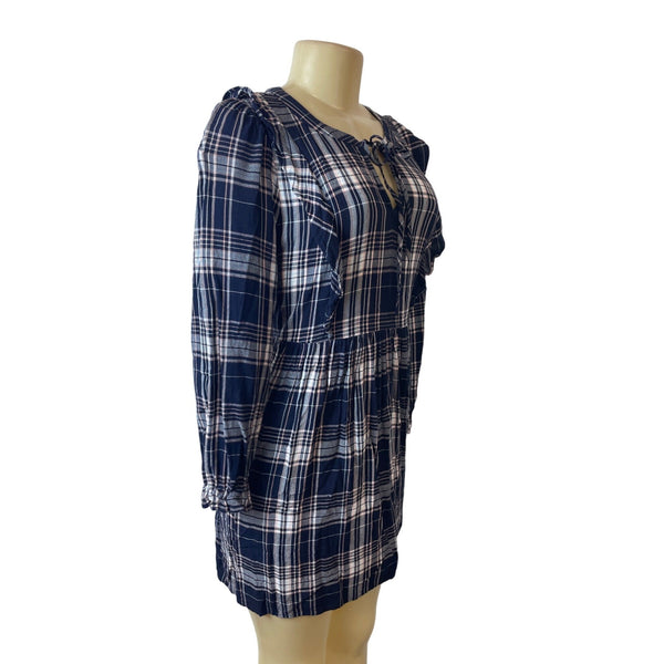Loft Petite Navy Plaid Long Sleeve Dress Rayon Womens Sz MP