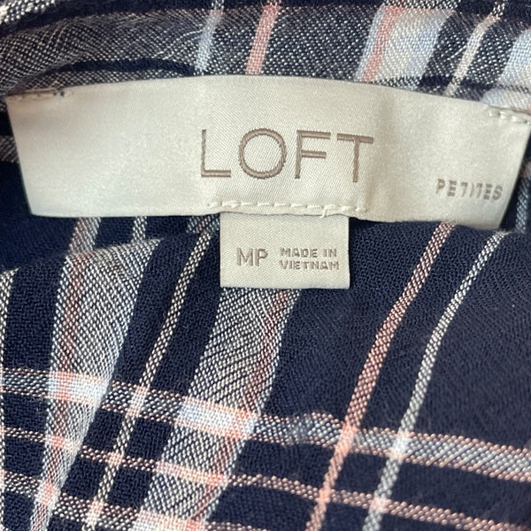 Loft Petite Navy Plaid Long Sleeve Dress Rayon Womens Sz MP