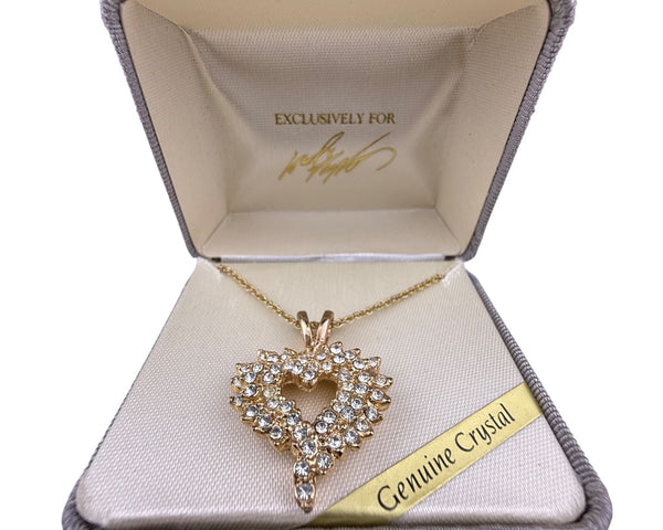Genuine Crystal Gold Tone Heart Pendant Necklace Chain Elegant RC CN Marked