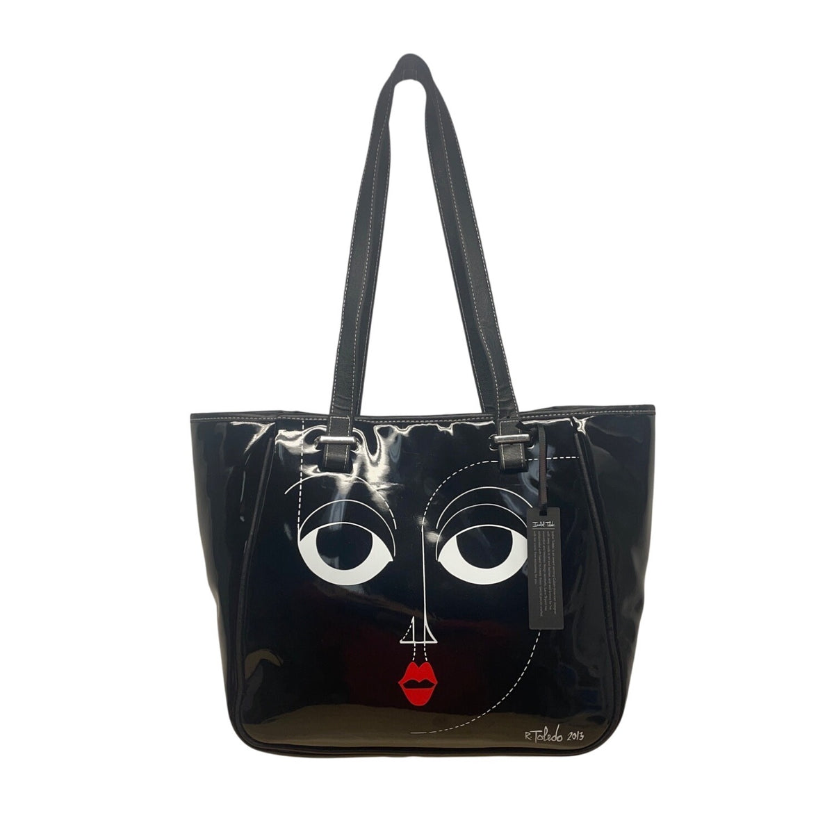 Isabel Toledo Black Patent With Face Artwork & Designer Signature Tote Bag Sz L