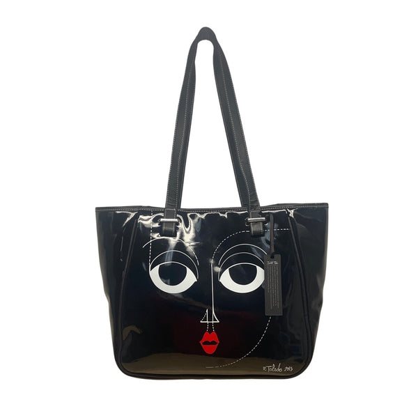Isabel Toledo Black Patent With Face Artwork & Designer Signature Tote Bag Sz L