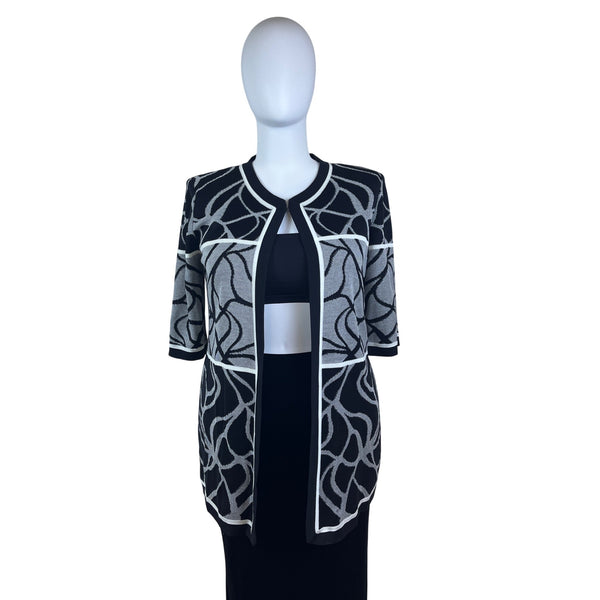 Misook Womens Black & White Knit Open Cardigan Sweater Abstract Pattern Sz XL