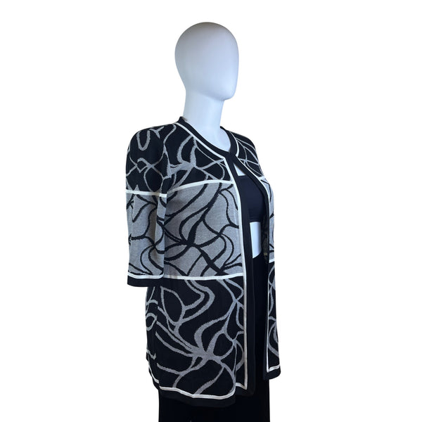Misook Womens Black & White Knit Open Cardigan Sweater Abstract Pattern Sz XL