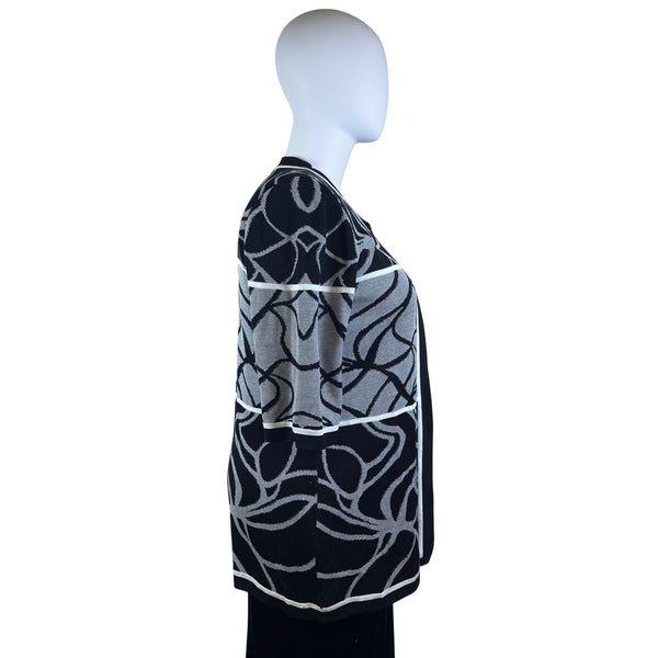 Misook Womens Black & White Knit Open Cardigan Sweater Abstract Pattern Sz XL
