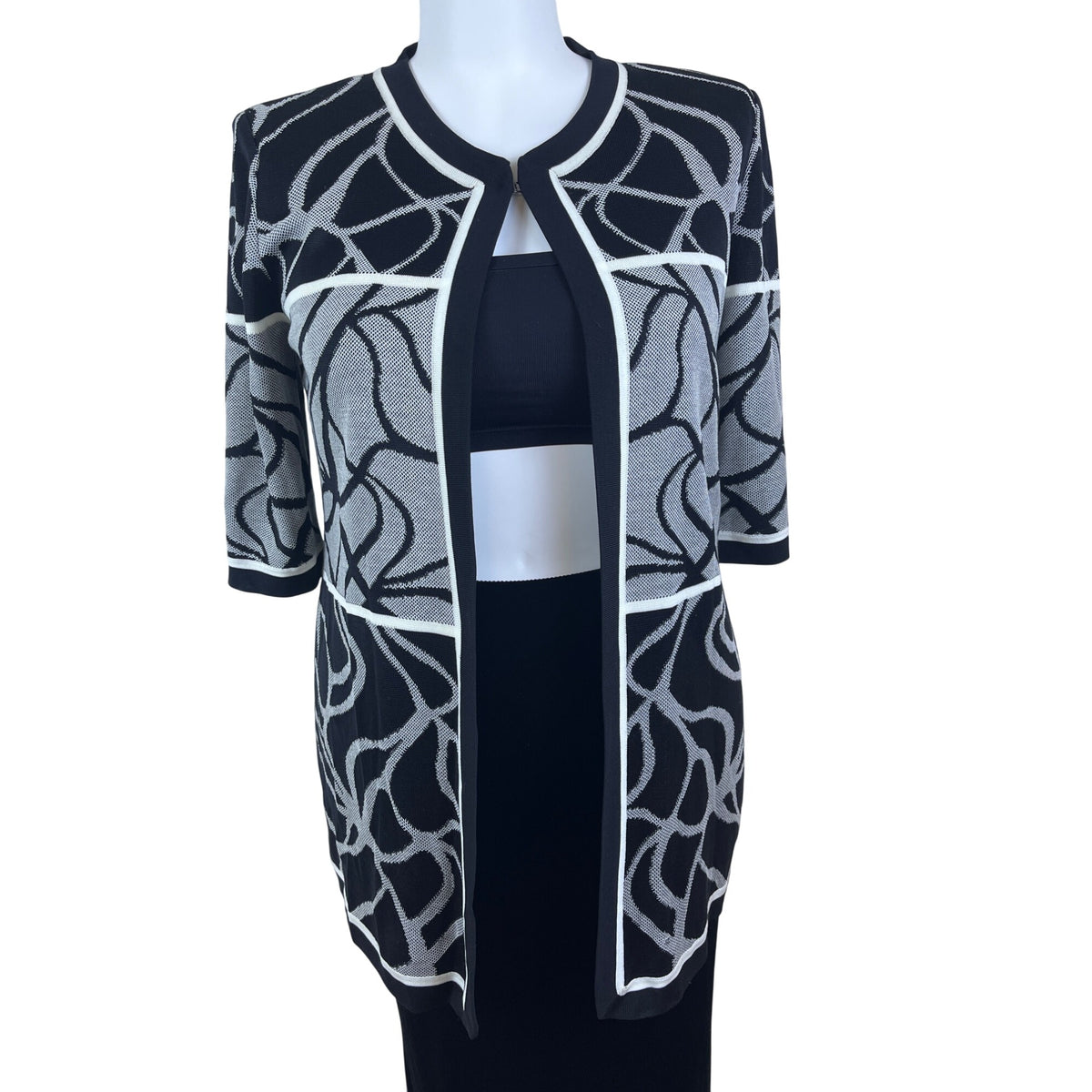 Misook Womens Black & White Knit Open Cardigan Sweater Abstract Pattern Sz XL