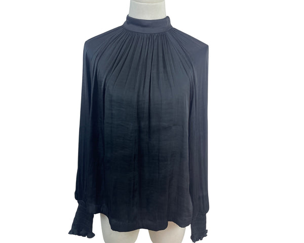 Gap Women’s Black Pleated High Neck Blouse With Button Back Size XS - New