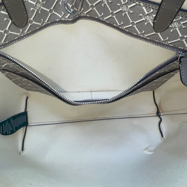 Lauren Ralph Lauren Women’s Gray Monogram Faux Leather Shoulder Straps Tote Bag