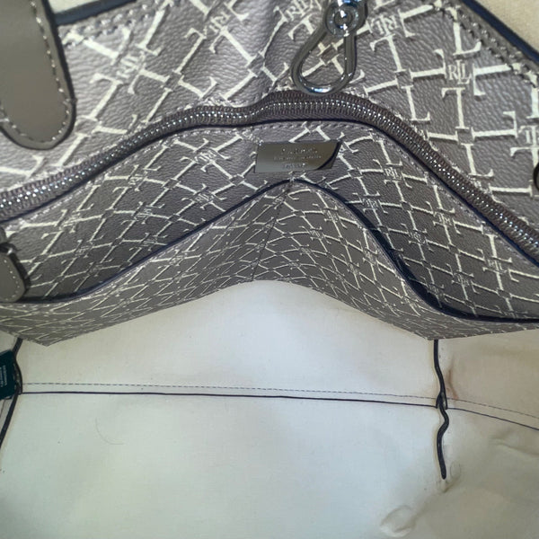 Lauren Ralph Lauren Women’s Gray Monogram Faux Leather Shoulder Straps Tote Bag