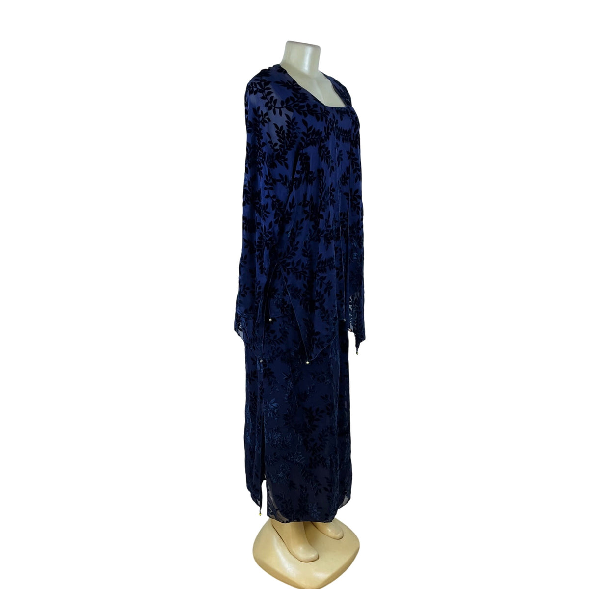 Sara Mique Three-Piece Set Women's Blue Velvet Leaf Patterned Size L