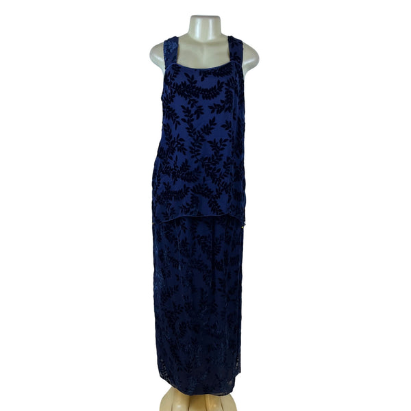 Sara Mique Three-Piece Set Women's Blue Velvet Leaf Patterned Size L
