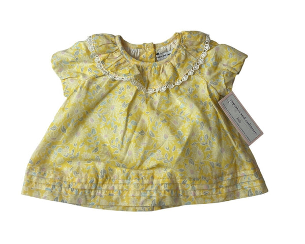 Cupcakes And Cashmere Yellow Floral Baby Dress Withh Lace Collar Sz 3-6M- New