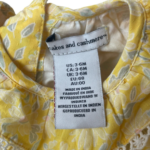 Cupcakes And Cashmere Yellow Floral Baby Dress Withh Lace Collar Sz 3-6M- New
