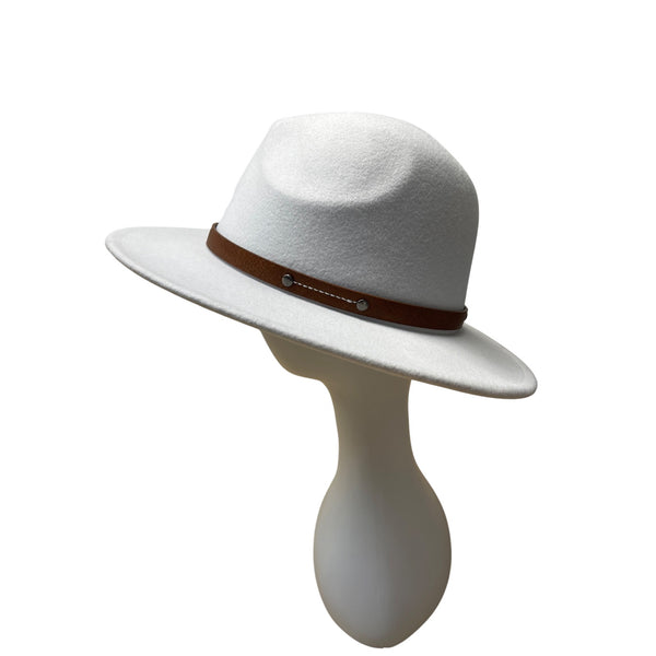 White Wool Hat With Brown Faux Leather Band Size 57