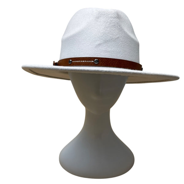 White Wool Hat With Brown Faux Leather Band Size 57