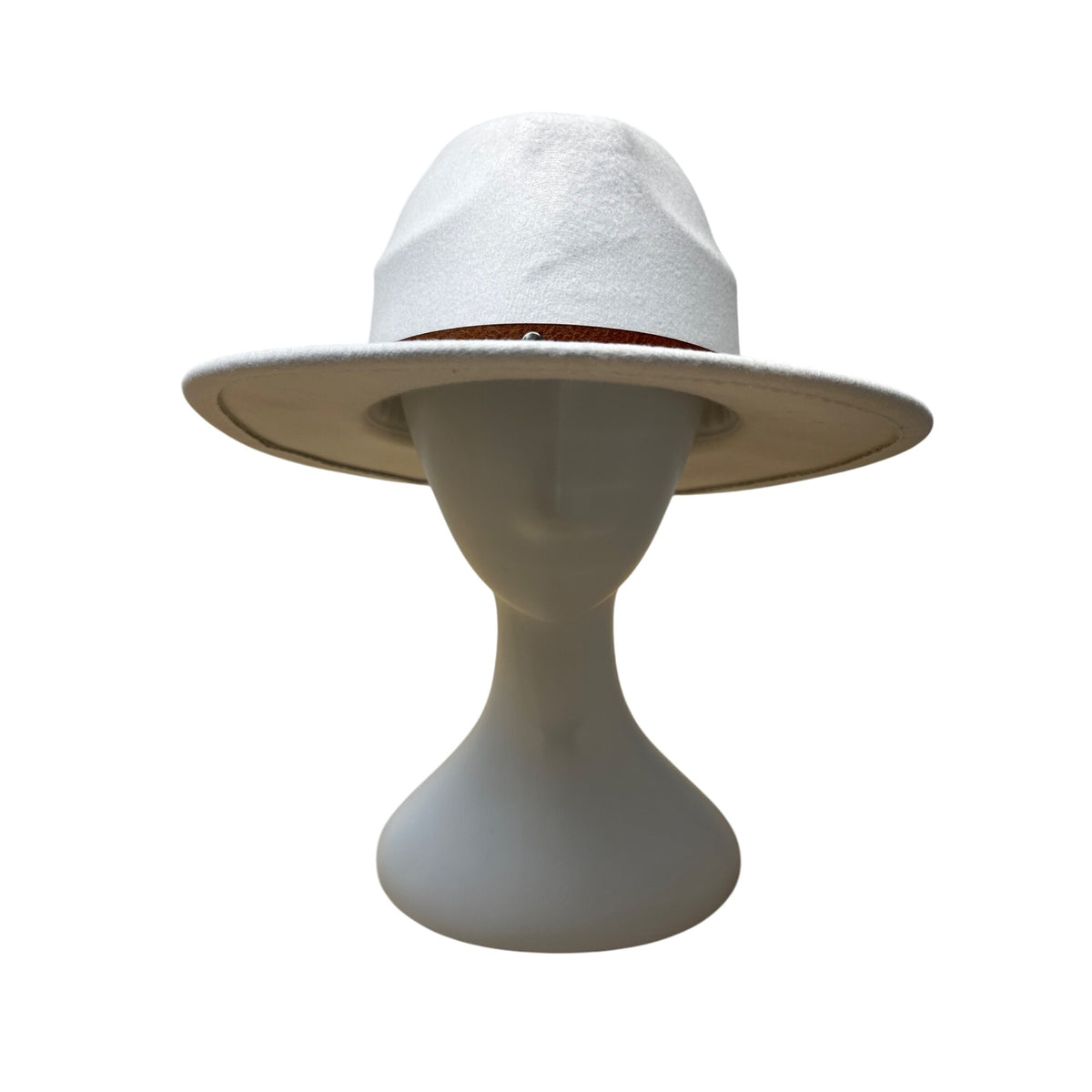 White Wool Hat With Brown Faux Leather Band Size 57