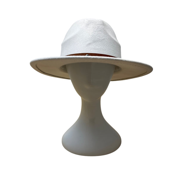 White Wool Hat With Brown Faux Leather Band Size 57