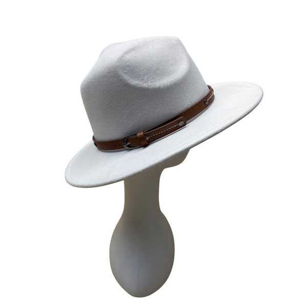 White Wool Hat With Brown Faux Leather Band Size 57