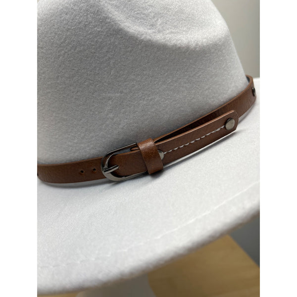 White Wool Hat With Brown Faux Leather Band Size 57