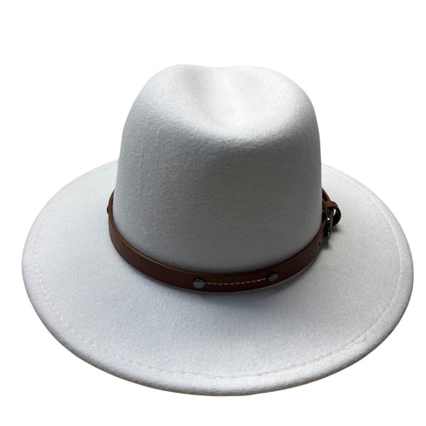 White Wool Hat With Brown Faux Leather Band Size 57