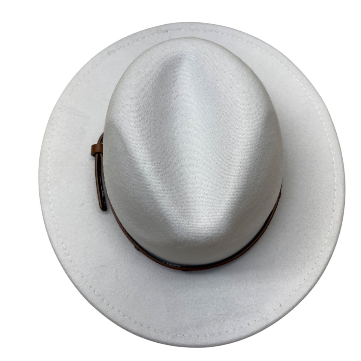 White Wool Hat With Brown Faux Leather Band Size 57