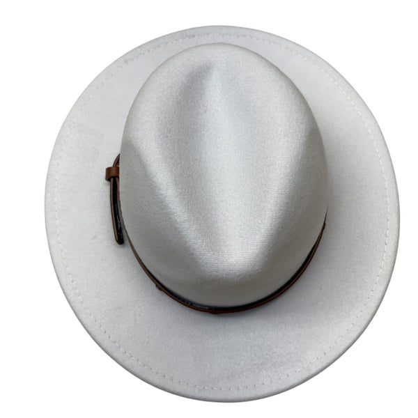 White Wool Hat With Brown Faux Leather Band Size 57