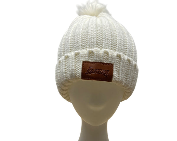 Lakers White Knit Beanie With Faux Fur Pom-Pom & Leather Patch one size