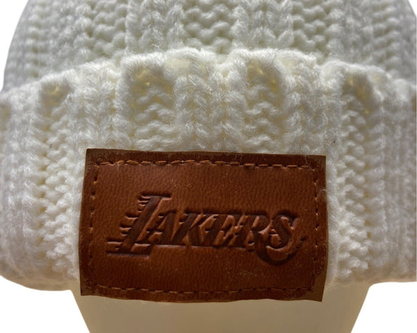 Lakers White Knit Beanie With Faux Fur Pom-Pom & Leather Patch one size