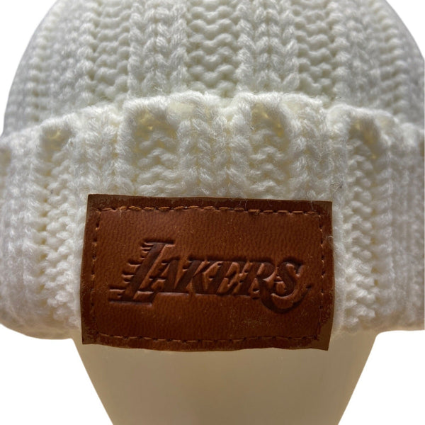 Lakers White Knit Beanie With Faux Fur Pom-Pom & Leather Patch one size