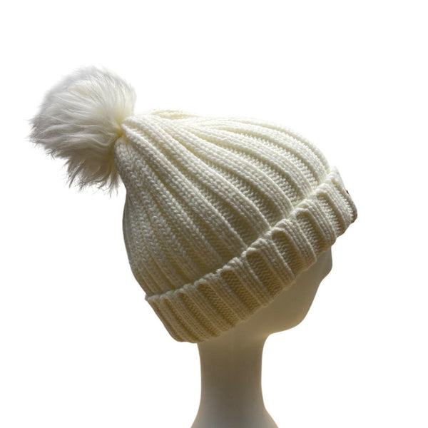 Lakers White Knit Beanie With Faux Fur Pom-Pom & Leather Patch one size