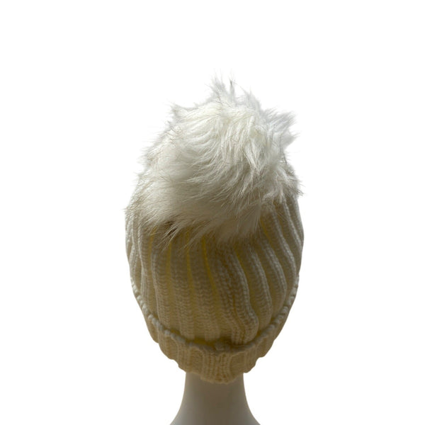 Lakers White Knit Beanie With Faux Fur Pom-Pom & Leather Patch one size