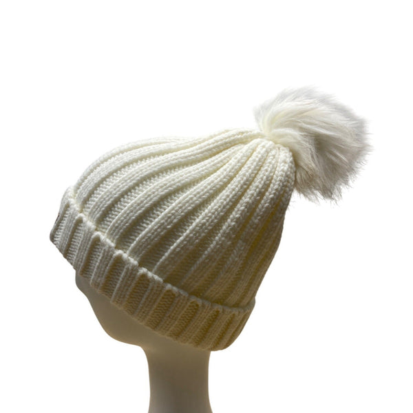 Lakers White Knit Beanie With Faux Fur Pom-Pom & Leather Patch one size