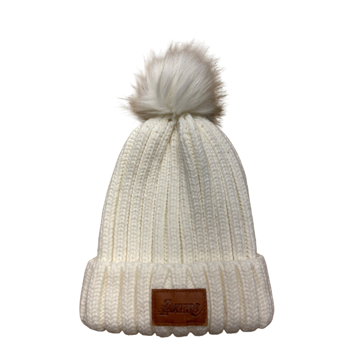 Lakers White Knit Beanie With Faux Fur Pom-Pom & Leather Patch one size