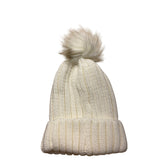 Lakers White Knit Beanie With Faux Fur Pom-Pom & Leather Patch one size