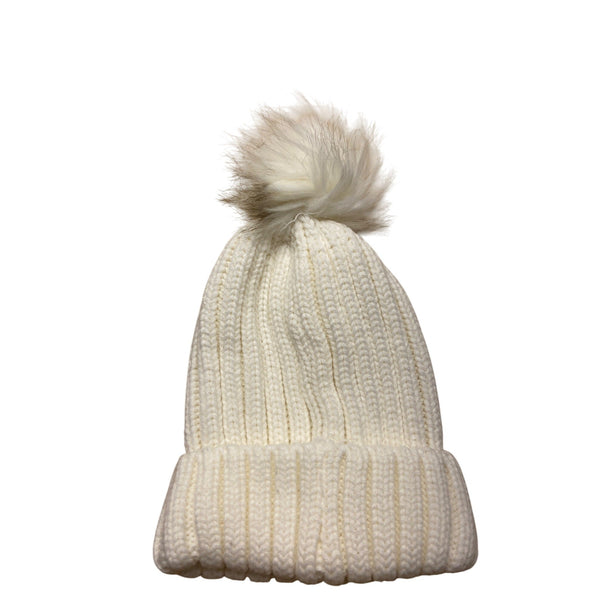 Lakers White Knit Beanie With Faux Fur Pom-Pom & Leather Patch one size