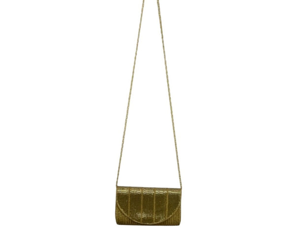 La Regale Gold Beaded Long Beaded Strap Snap Closure Evening Shoulder Bag Sz M