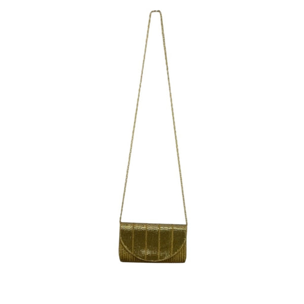 La Regale Gold Beaded Long Beaded Strap Snap Closure Evening Shoulder Bag Sz M