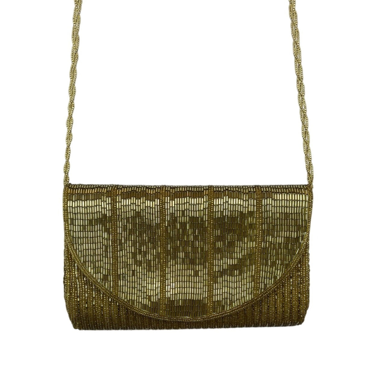 La Regale Gold Beaded Long Beaded Strap Snap Closure Evening Shoulder Bag Sz M