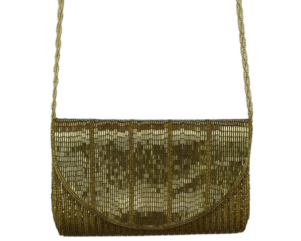 La Regale Gold Beaded Long Beaded Strap Snap Closure Evening Shoulder Bag Sz M