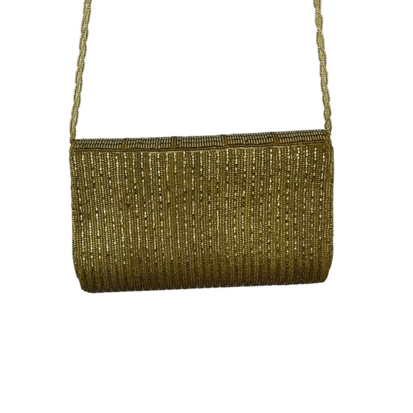 La Regale Gold Beaded Long Beaded Strap Snap Closure Evening Shoulder Bag Sz M