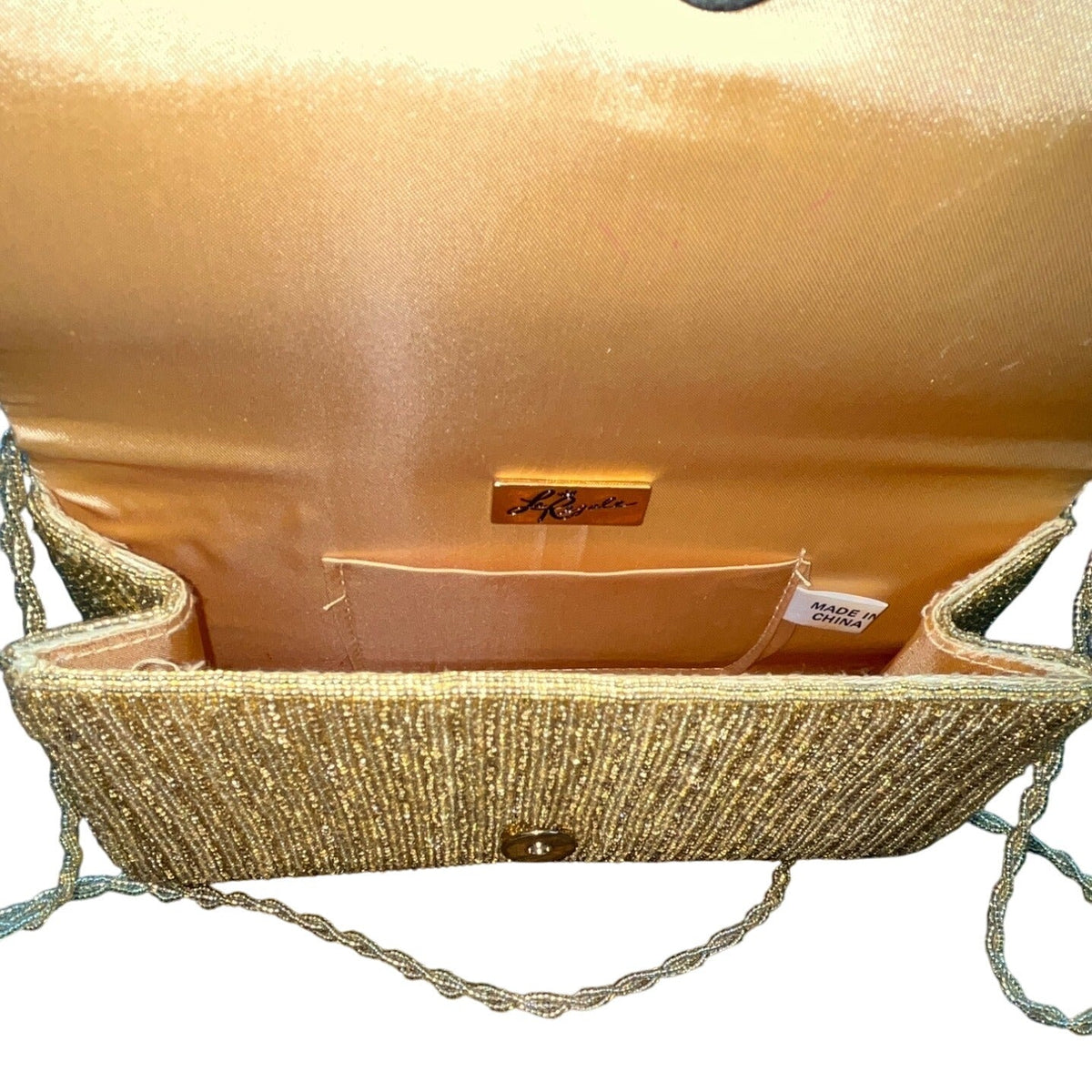 La Regale Gold Beaded Long Beaded Strap Snap Closure Evening Shoulder Bag Sz M