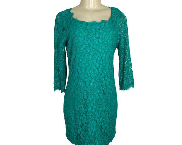 Diane Von Furstenberg Women’s Green Lace 3/4 Sleeve Cocktail Dress Size 12