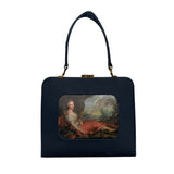 Vintage Black Handbag With Classic Art Print Panel & Gold-Tone Hardware