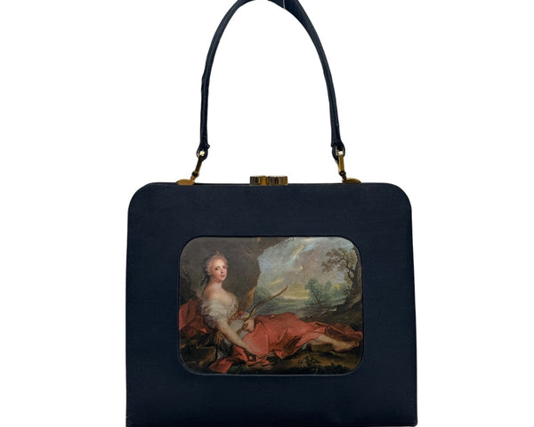 Vintage Black Handbag With Classic Art Print Panel & Gold-Tone Hardware